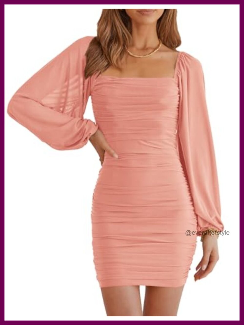 Women's Square Neck Long Sleeve Bodycon Mesh Mini Dress